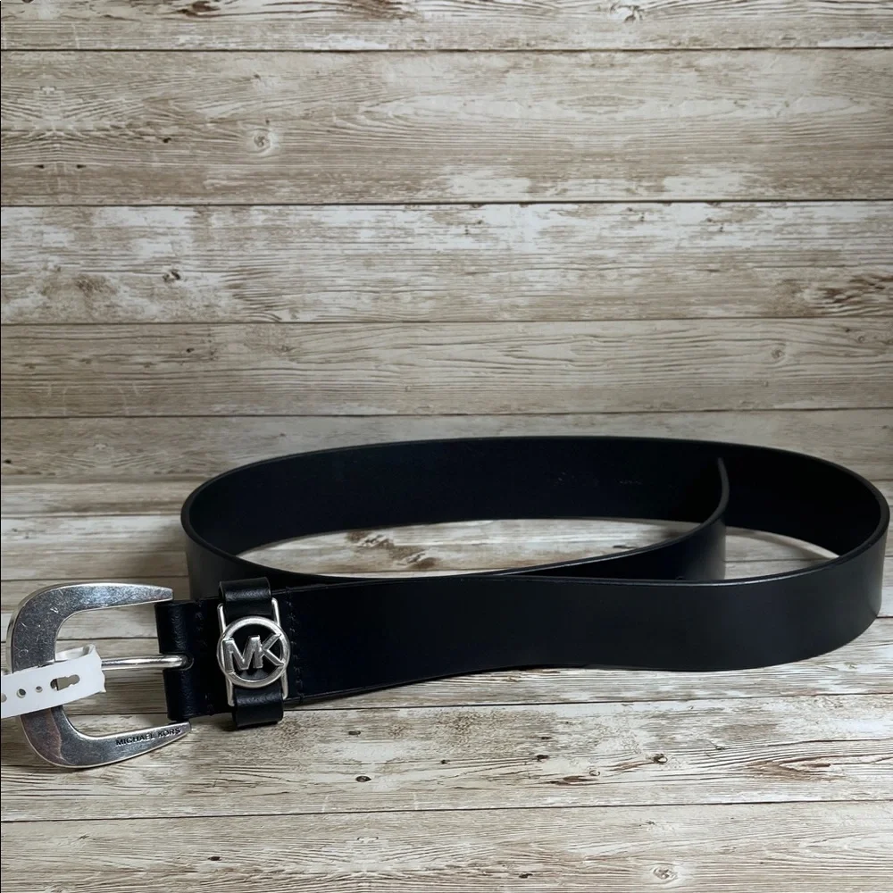 Michael Kors Black Leather Belt with Silver Logo Buckle Retails $58 NWT - Picture 1 of 4